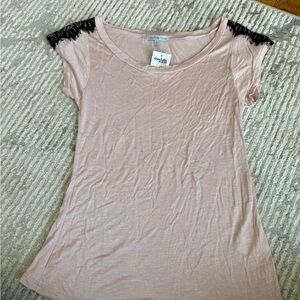 Charlotte Russe Blush Pink Short Sleeve Top with Black Lace Shoulders